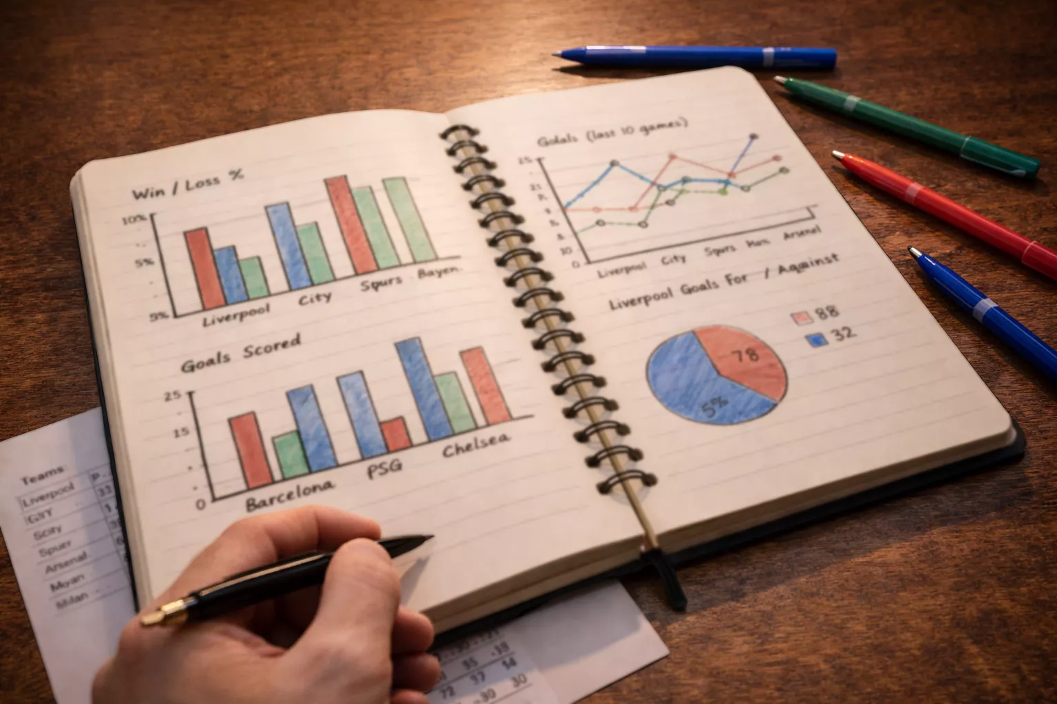 Cuaderno abierto con gráficos simples de barras dibujados a mano junto a datos de equipos de fútbol sobre un escritorio