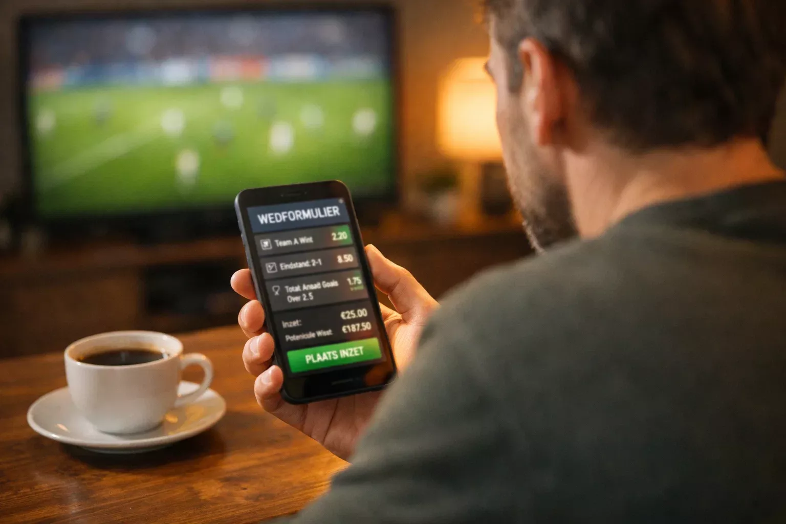 Mano sosteniendo un smartphone con la pantalla encendida frente a un televisor mostrando un partido de fútbol
