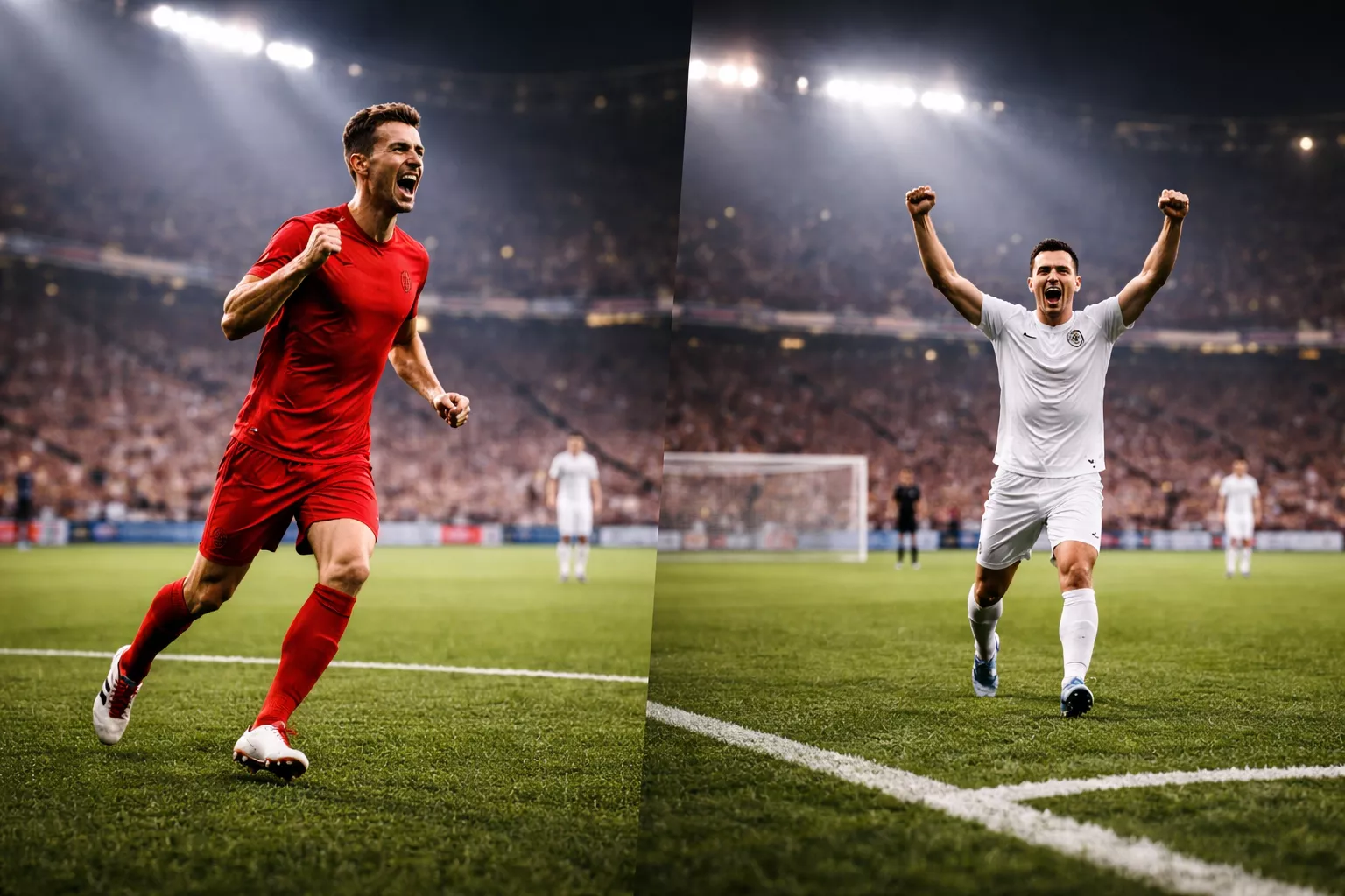 Dos jugadores de fútbol de equipos rivales celebrando goles en extremos opuestos de un campo de césped iluminado