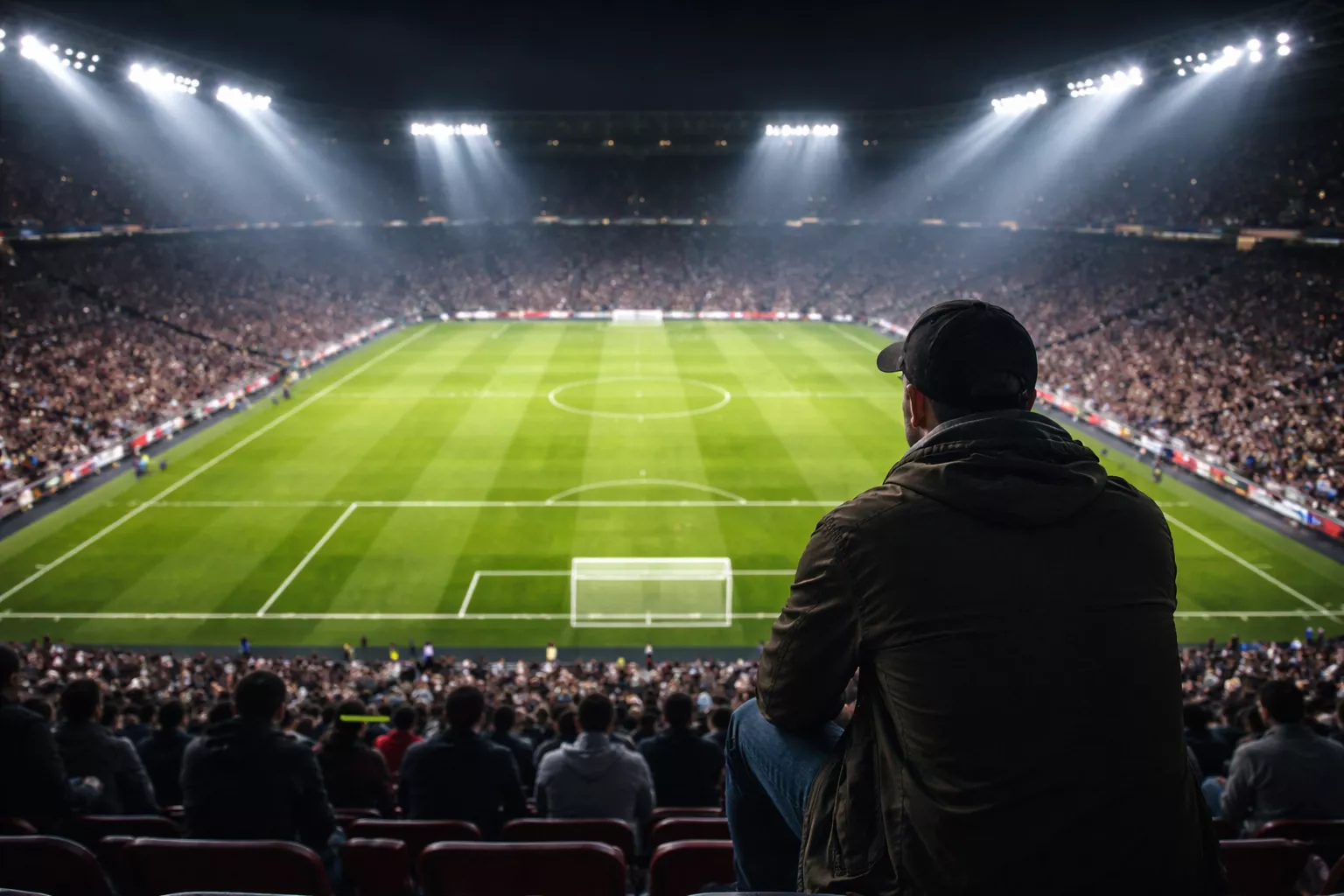 Aficionado observando un partido de fútbol desde la grada de un estadio con el campo de césped iluminado