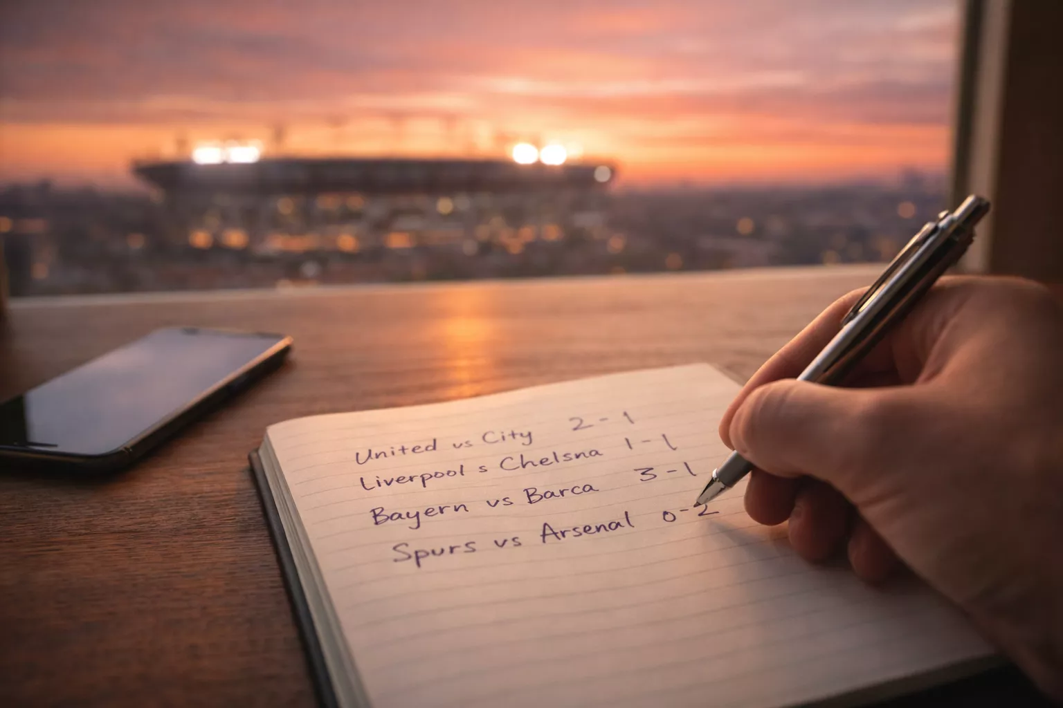 Bolígrafo sobre un documento con selecciones de partidos de fútbol junto a un estadio de fondo al atardecer