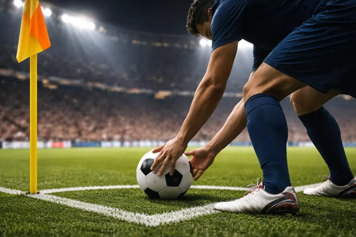 Jugador de fútbol preparándose para lanzar un saque de esquina en un campo de césped natural con público en la grada