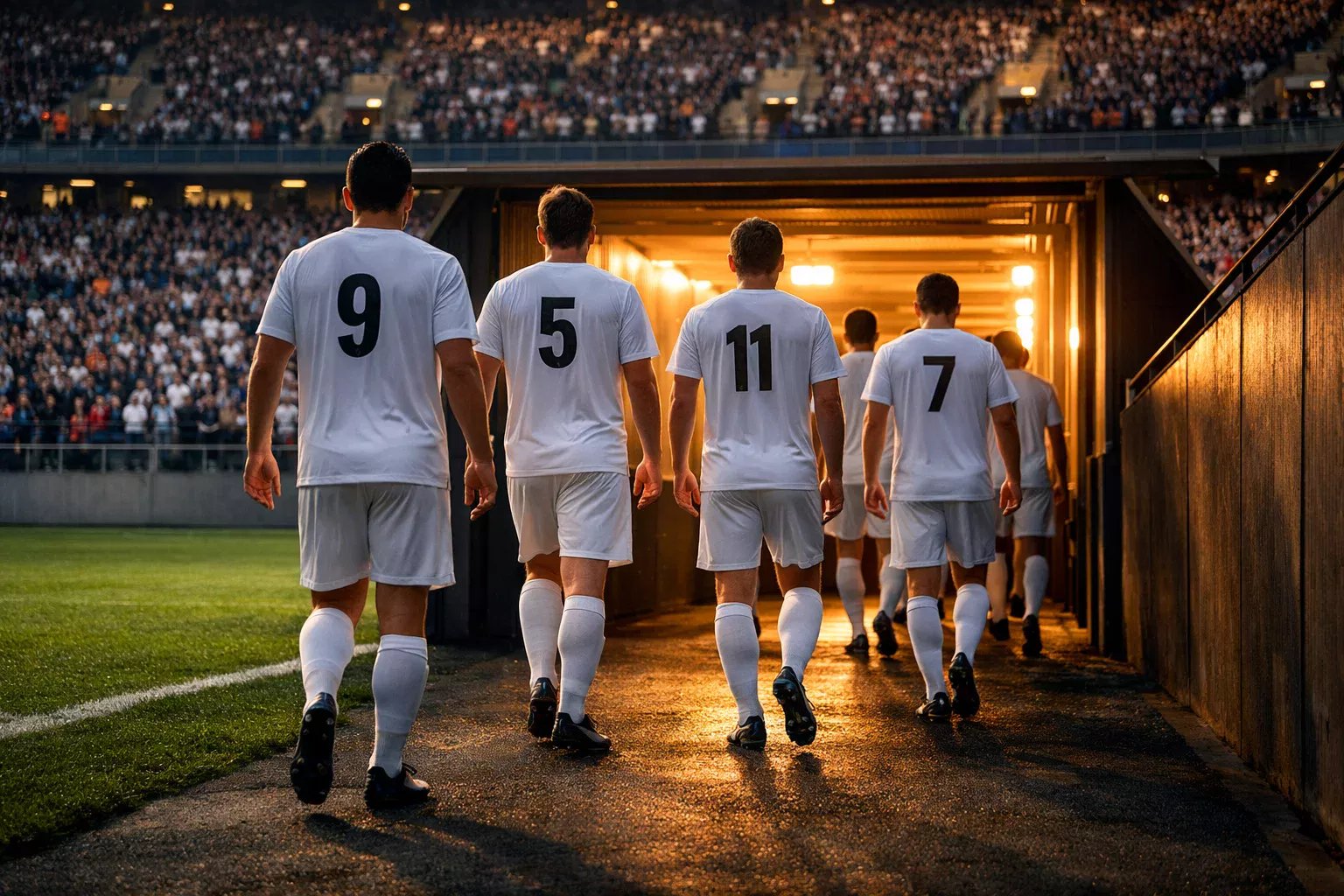 Jugadores de fútbol entrando al túnel de vestuarios durante el descanso de un partido en un estadio iluminado