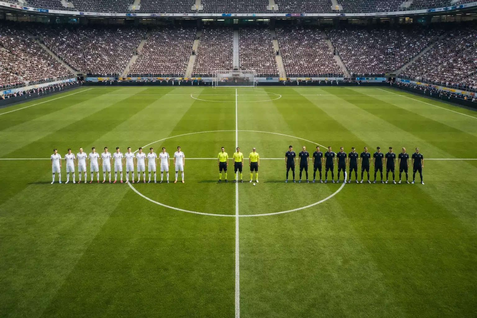 Vista panorámica de un campo de fútbol de césped natural dividido por la línea central con dos equipos posicionados antes del saque