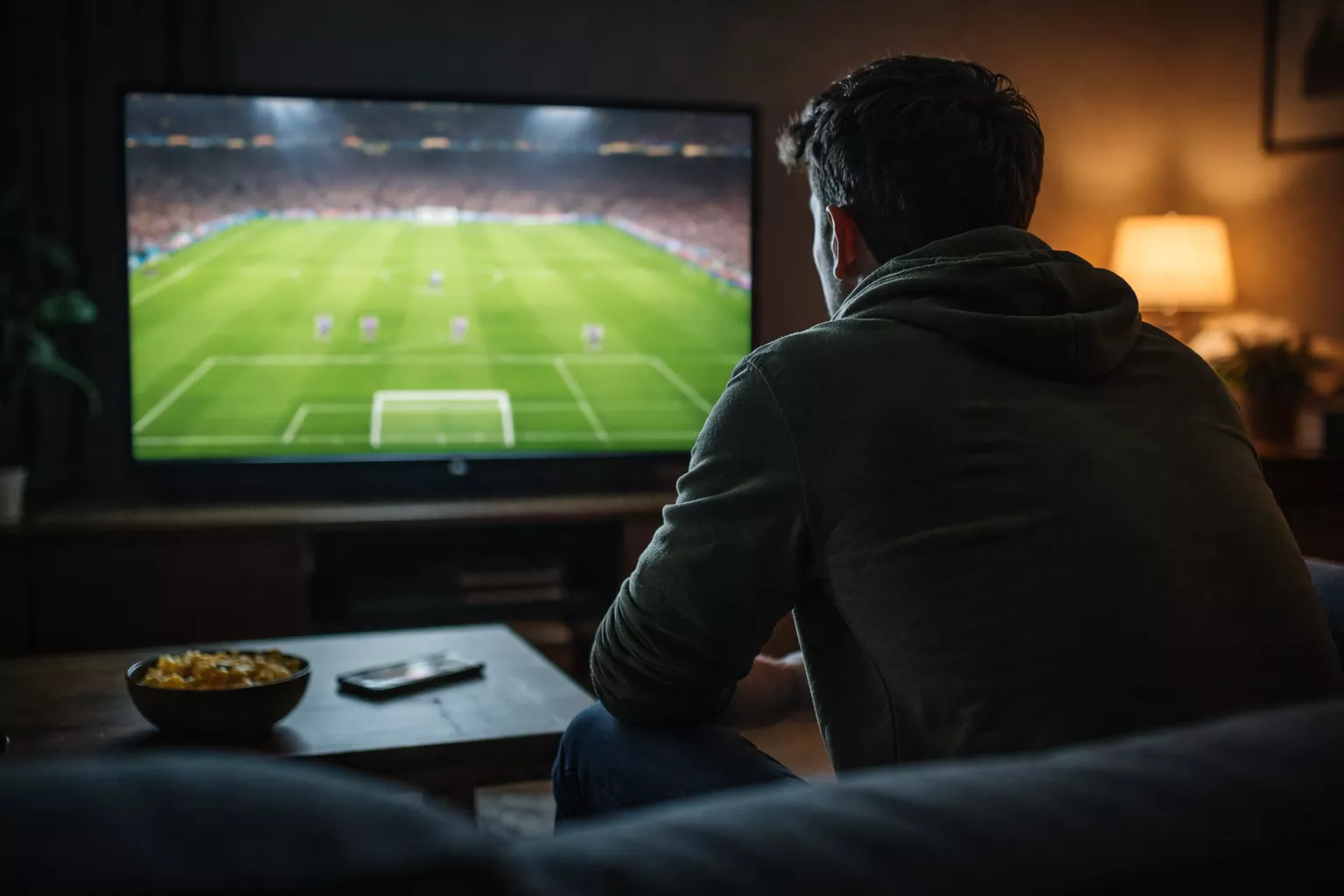 Aficionado concentrado viendo un partido de fútbol nocturno en un estadio iluminado con el campo de césped de fondo