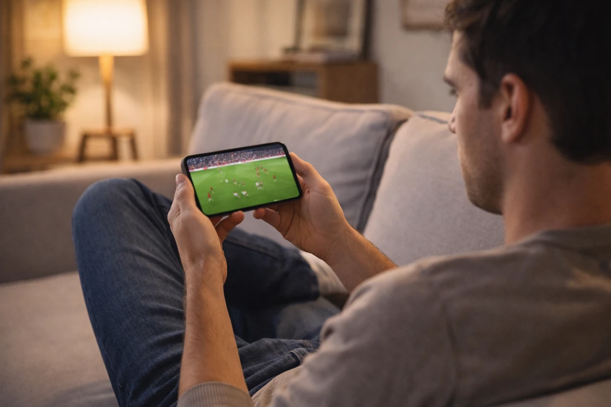 Aficionado siguiendo un partido de fútbol en vivo desde un dispositivo móvil en el sofá