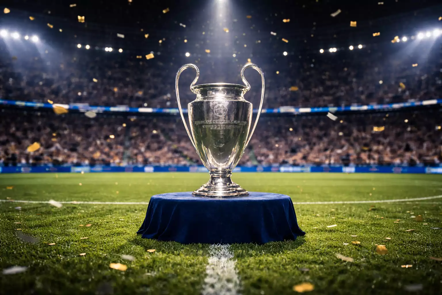 Trofeo de liga de fútbol sobre un pedestal en el centro de un campo de césped verde iluminado por focos de estadio