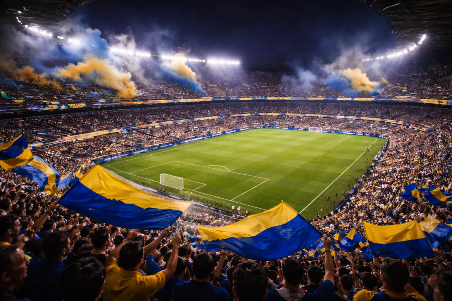 Estadio de fútbol sudamericano repleto de aficionados con banderas y humo de bengalas sobre el campo de césped