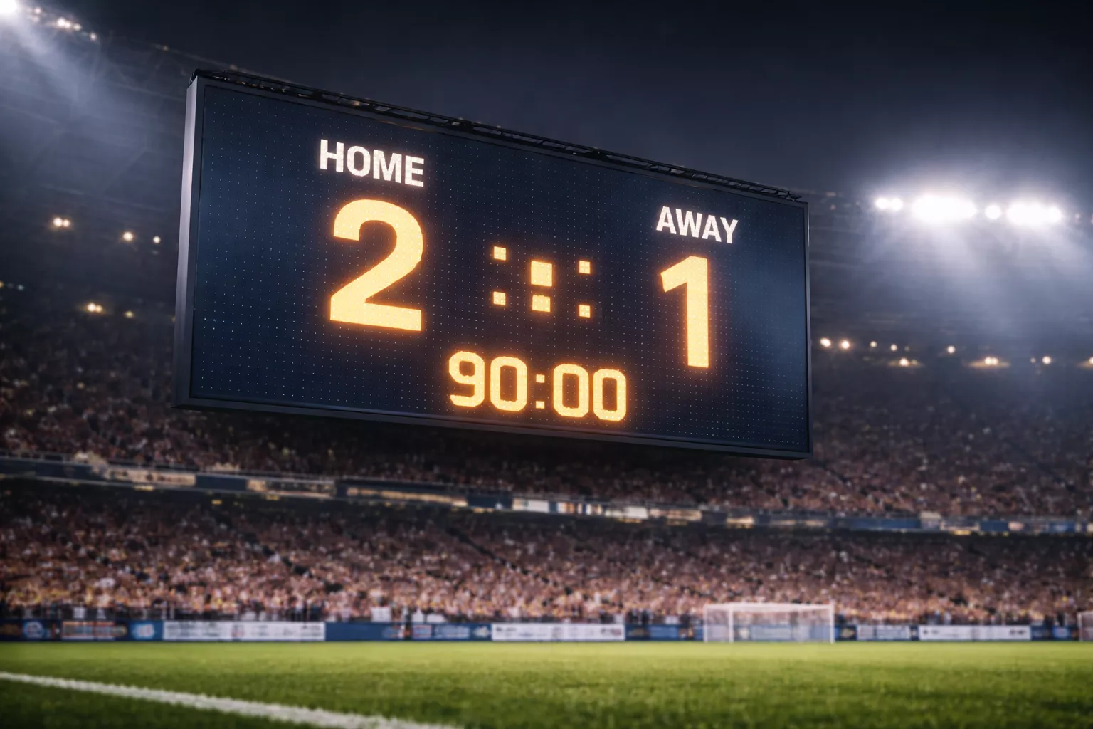 Marcador electrónico de un estadio de fútbol mostrando el resultado de un partido sobre el campo de césped nocturno