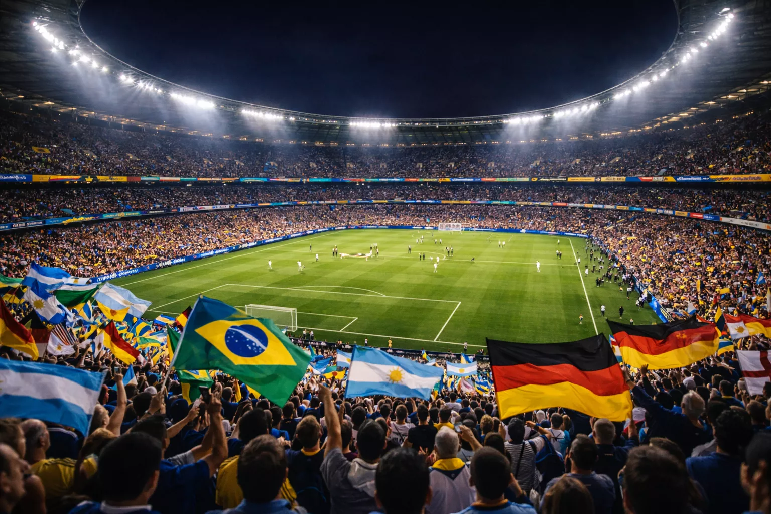 Estadio de fútbol lleno de aficionados con banderas de diferentes países durante un partido del Mundial