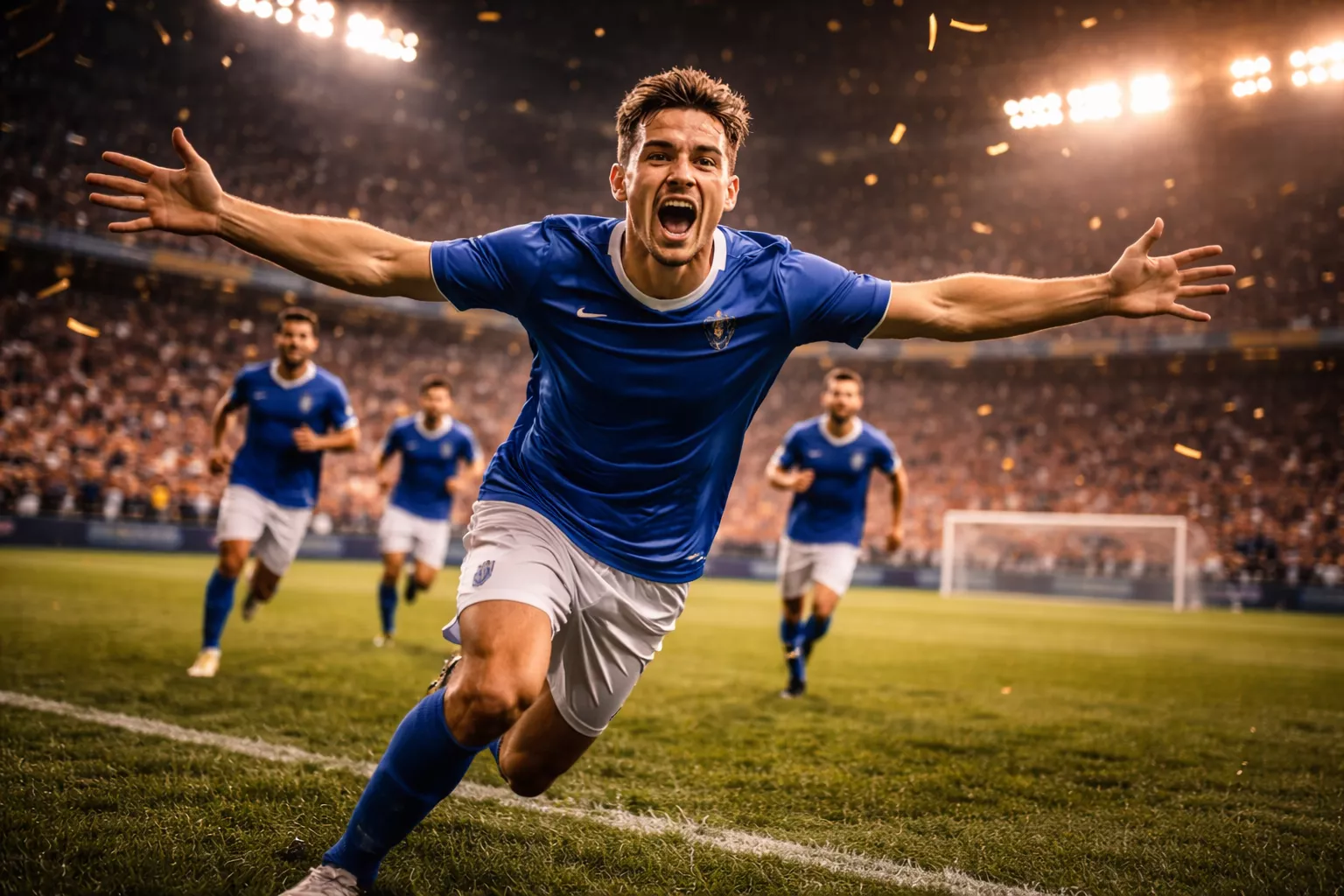 Delantero de fútbol celebrando un gol con los brazos abiertos frente a la portería en un campo de césped natural