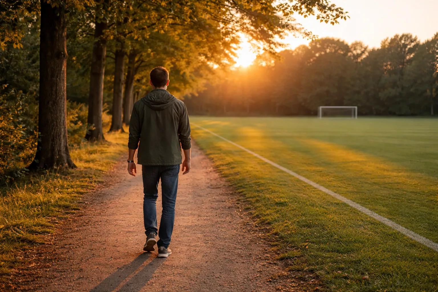 Persona caminando tranquilamente por un sendero verde junto a un campo de fútbol al atardecer con luz dorada
