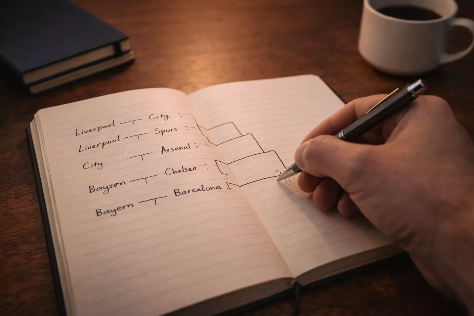 Mano sosteniendo un bolígrafo sobre un cuaderno con líneas de selecciones de partidos de fútbol organizadas en columnas