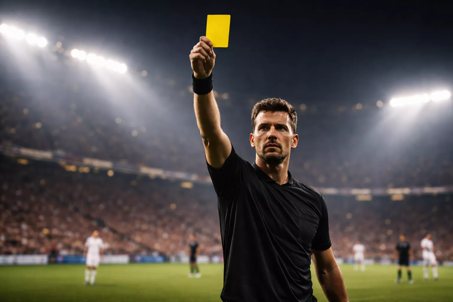 Árbitro de fútbol mostrando una tarjeta amarilla en un campo de césped durante un partido profesional
