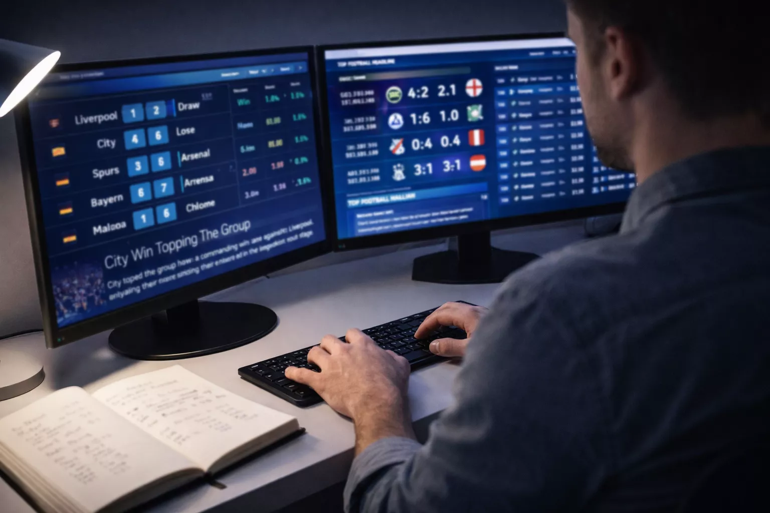 Persona trabajando con varias pantallas abiertas en un escritorio ordenado analizando datos de partidos de fútbol