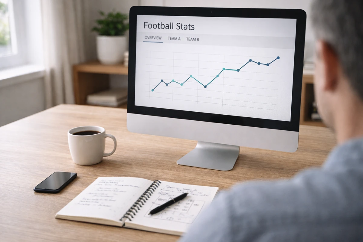 Persona analizando estadísticas de fútbol en una pantalla de ordenador con notas escritas
