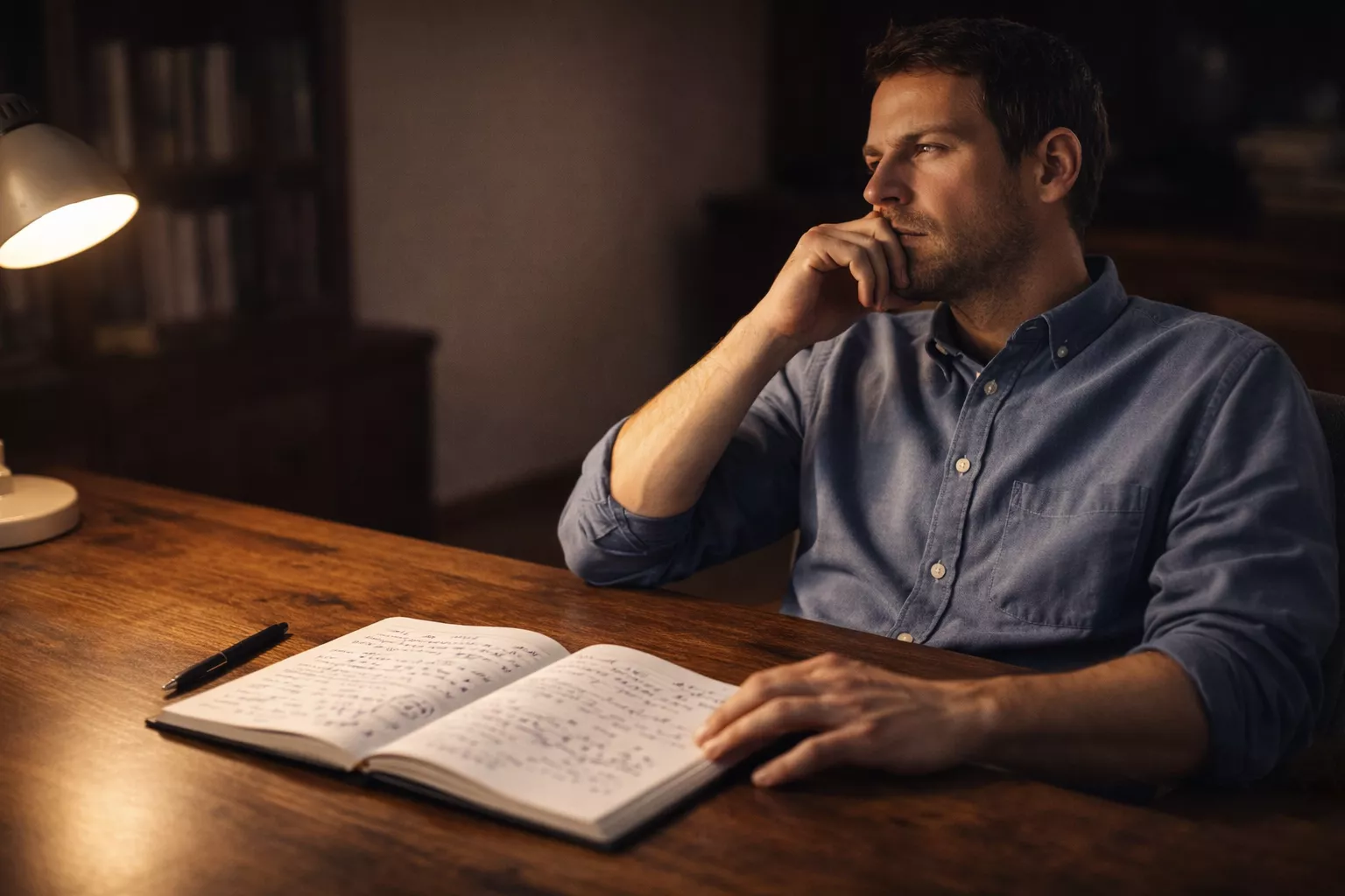 Hombre pensativo apoyando la cabeza en la mano frente a un cuaderno cerrado sobre una mesa con luz tenue