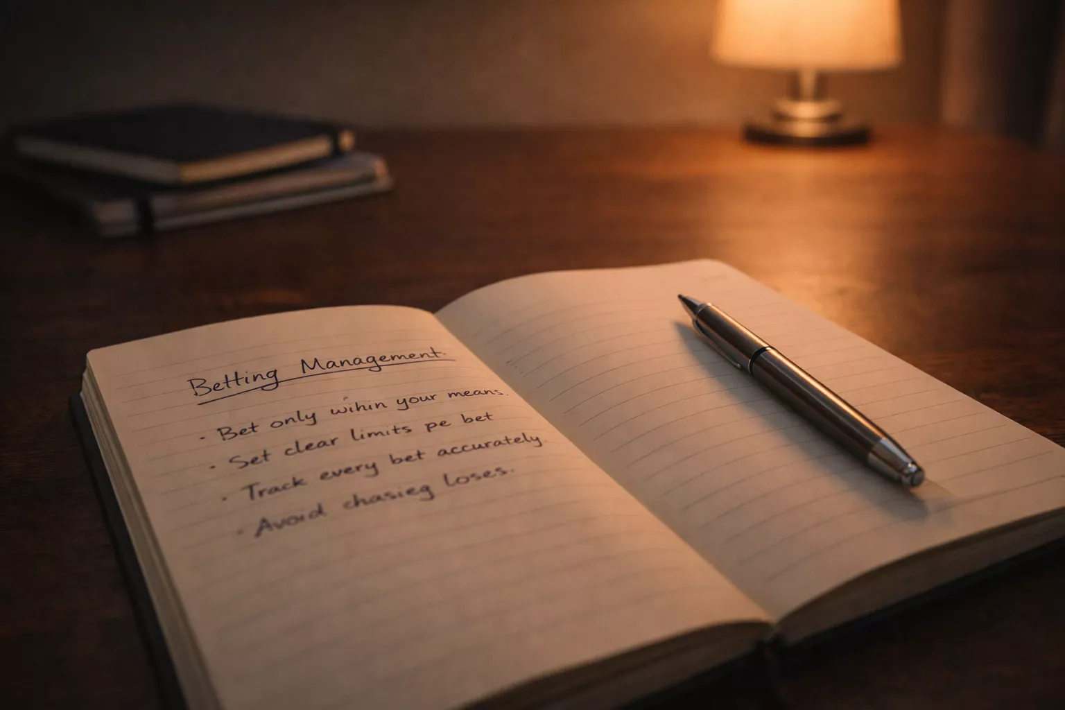 Cuaderno abierto con anotaciones de gestión de apuestas junto a un bolígrafo sobre una mesa de madera