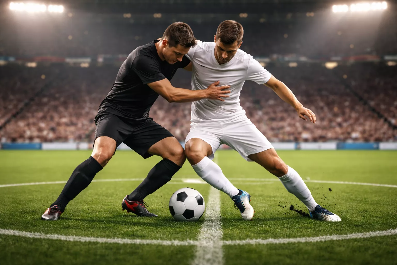 Dos equipos de fútbol disputando un balón dividido en el centro del campo de césped durante un partido competitivo