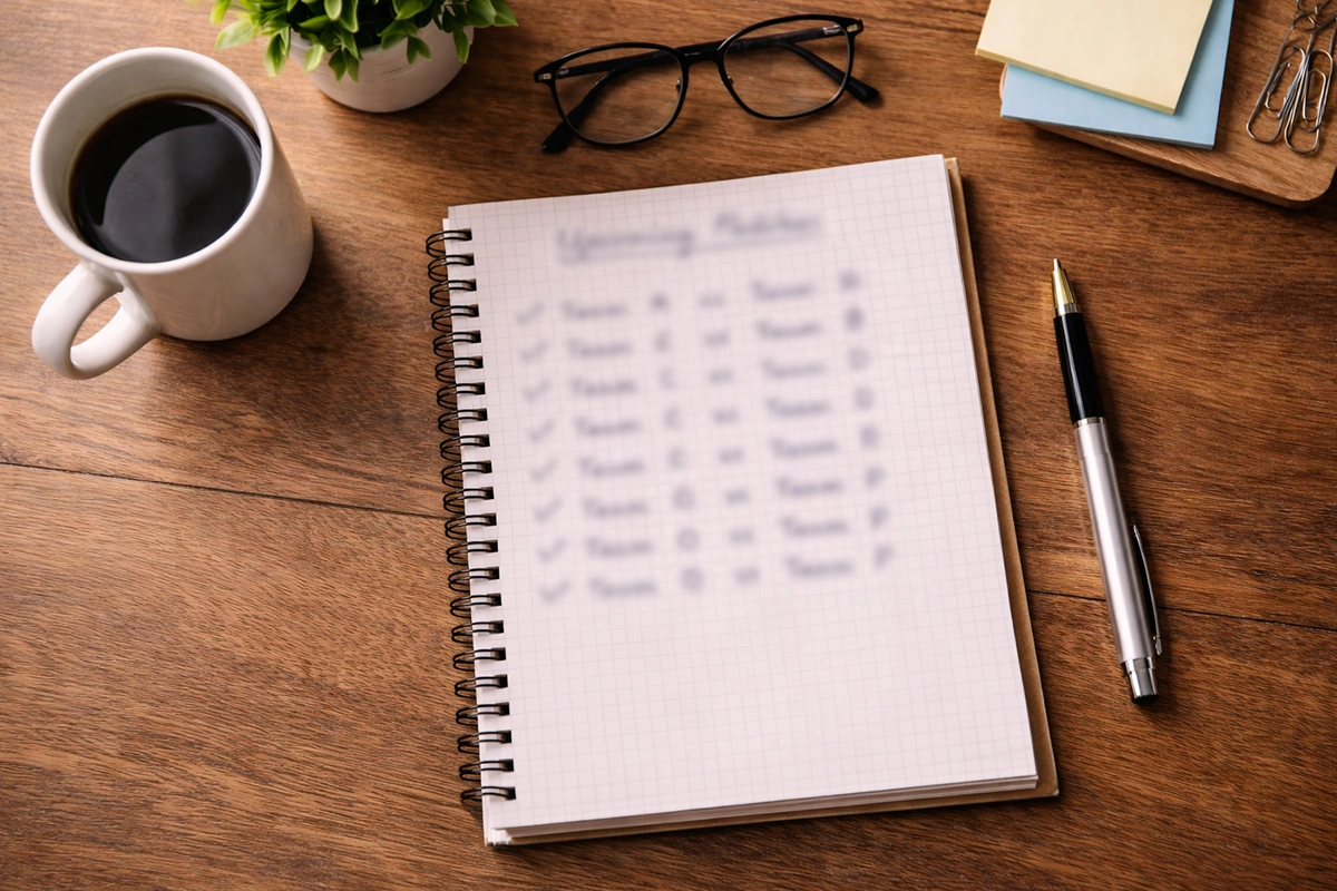 Mesa de trabajo con varios partidos de fútbol listados en un bloc de notas