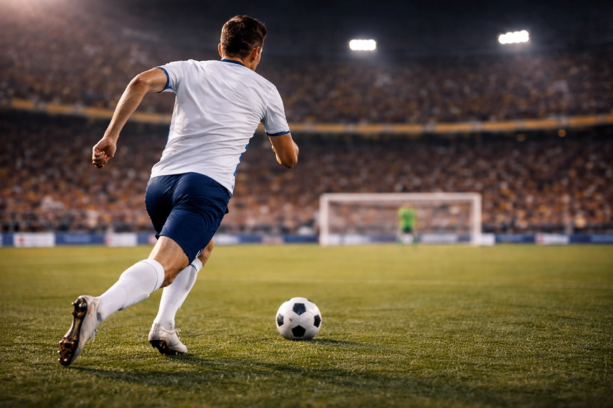 Delantero de fútbol corriendo hacia la portería rival durante un partido profesional