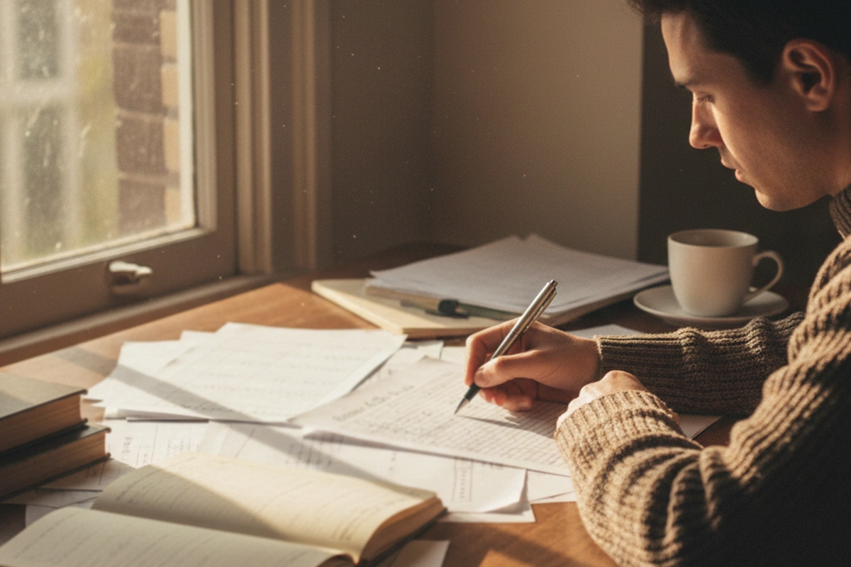 Persona analizando estadísticas de fútbol en documentos con notas escritas a mano