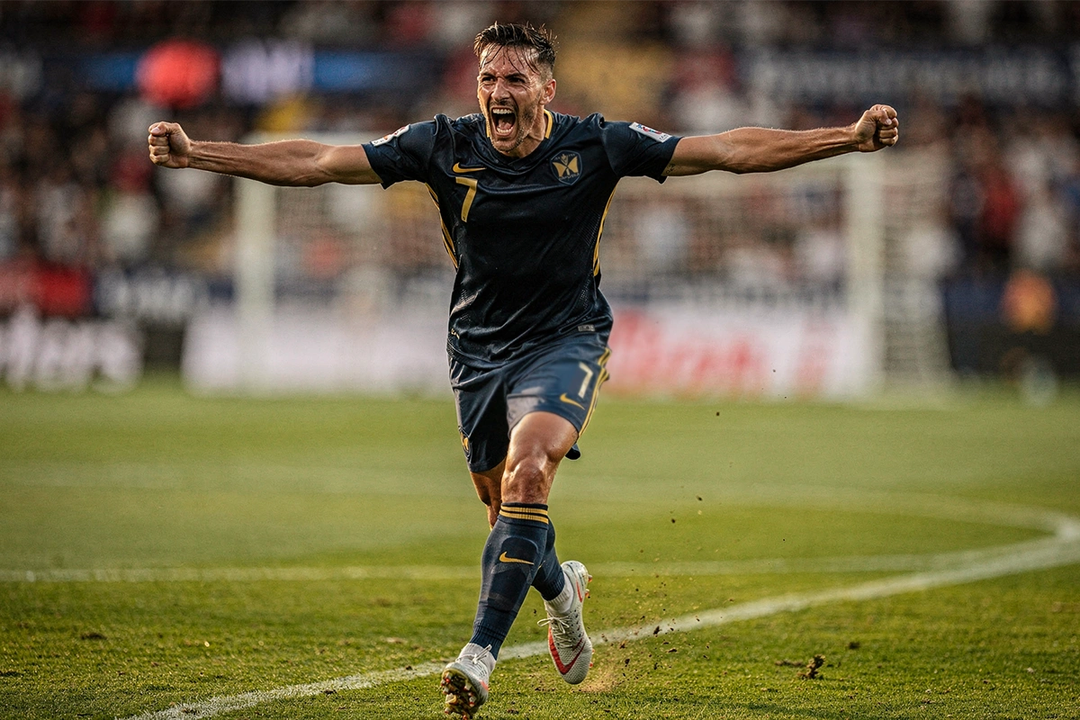 Jugador de fútbol celebrando un gol con los brazos levantados en el campo