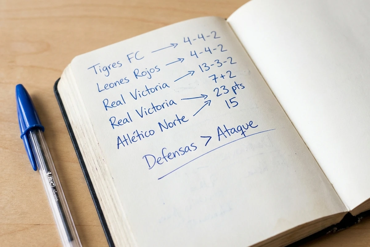 Cuaderno abierto con anotaciones sobre equipos de fútbol y sus estadísticas