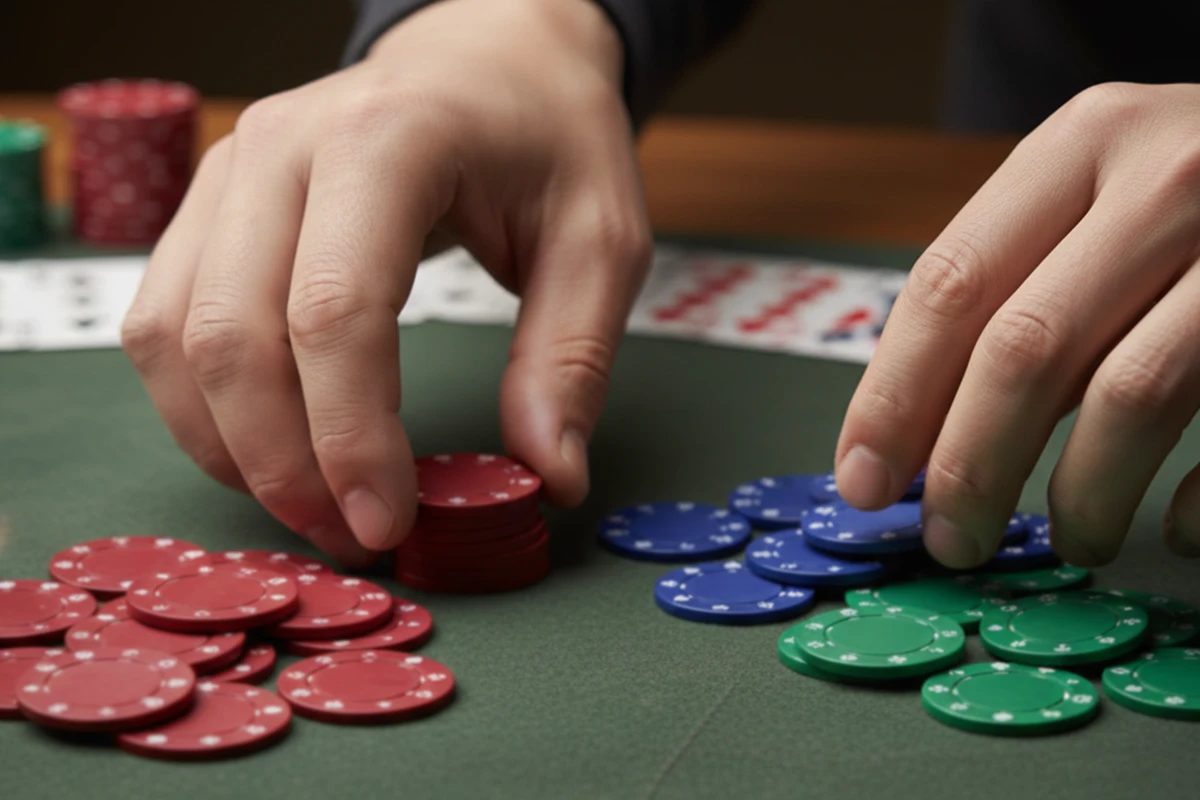 Persona organizando fichas de colores en grupos sobre una mesa ordenada