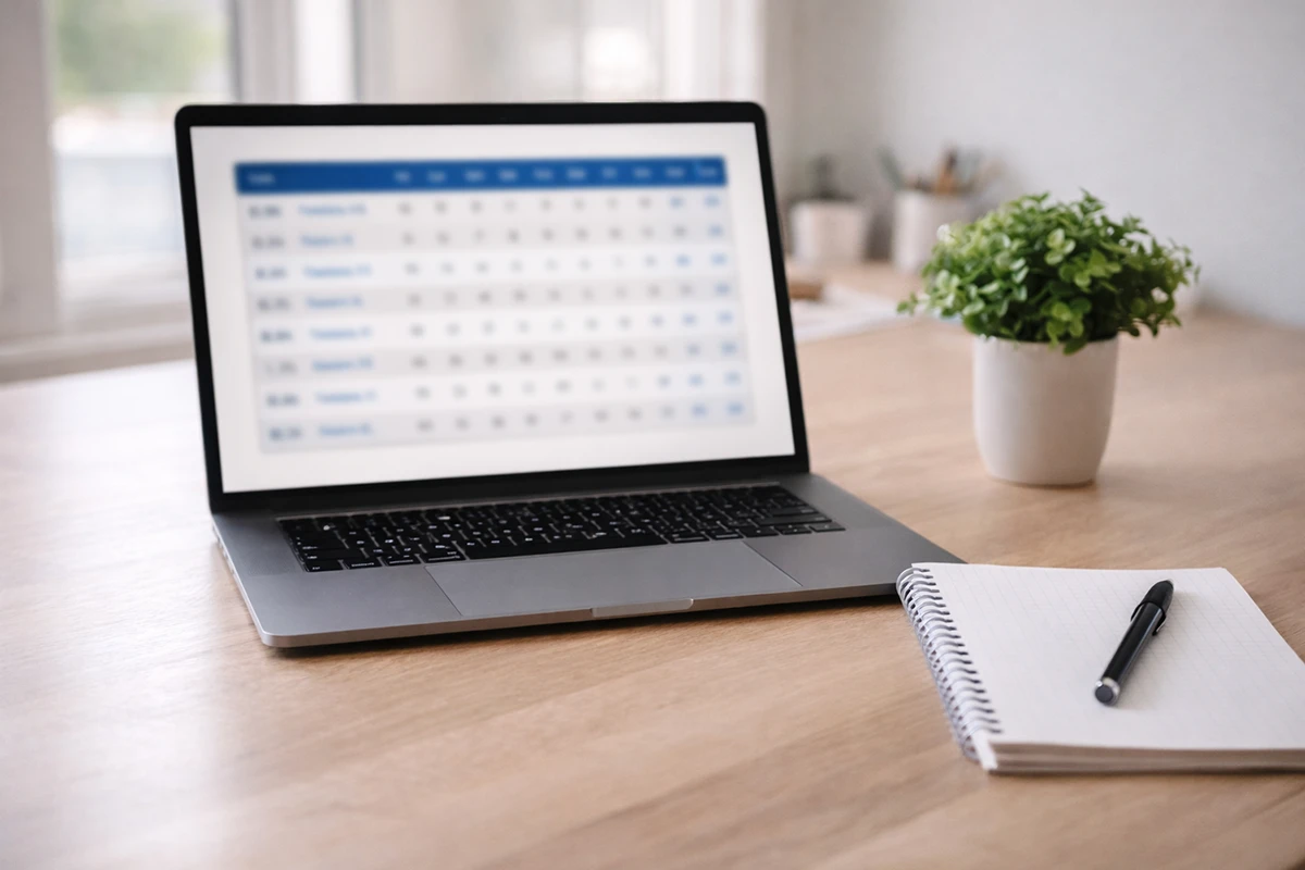 Escritorio moderno con ordenador portátil mostrando tablas de datos deportivos
