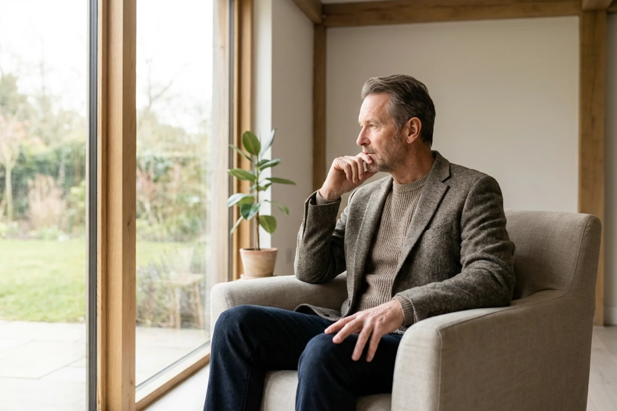 Hombre reflexivo sentado frente a una ventana pensando con calma