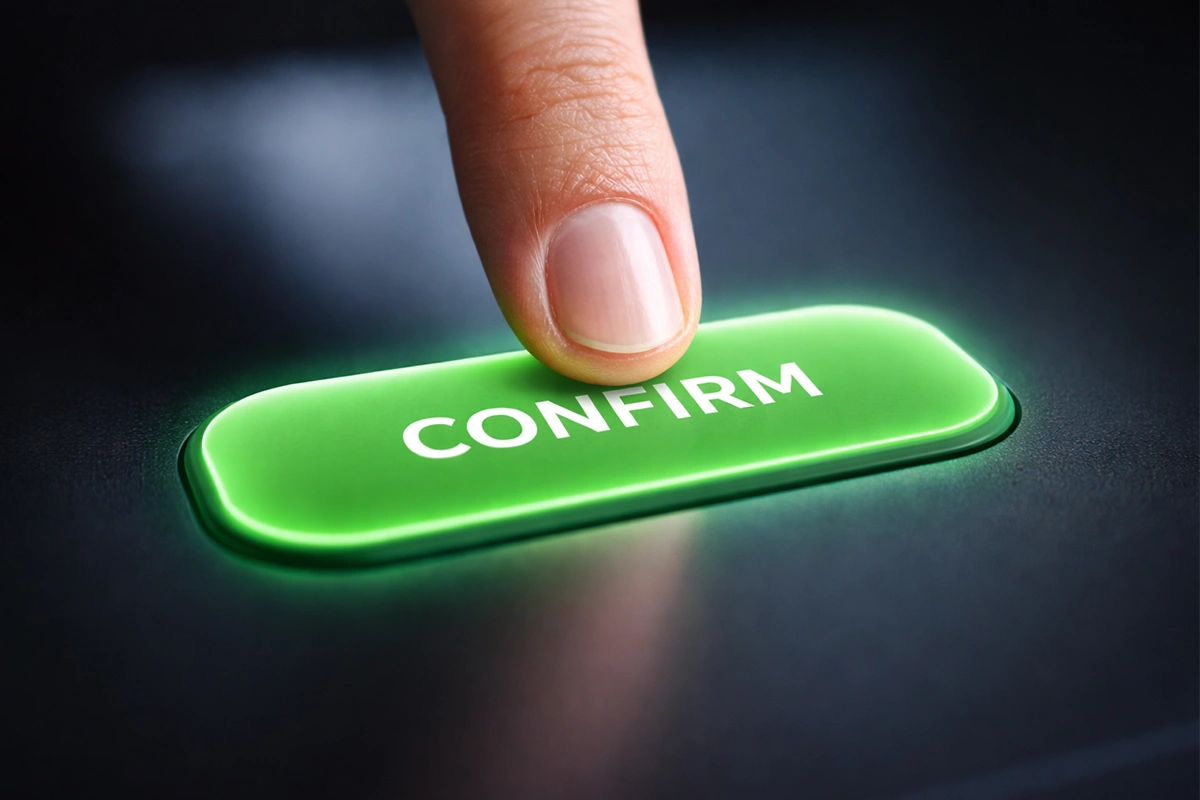 Mano presionando un botón verde en una interfaz de pantalla táctil