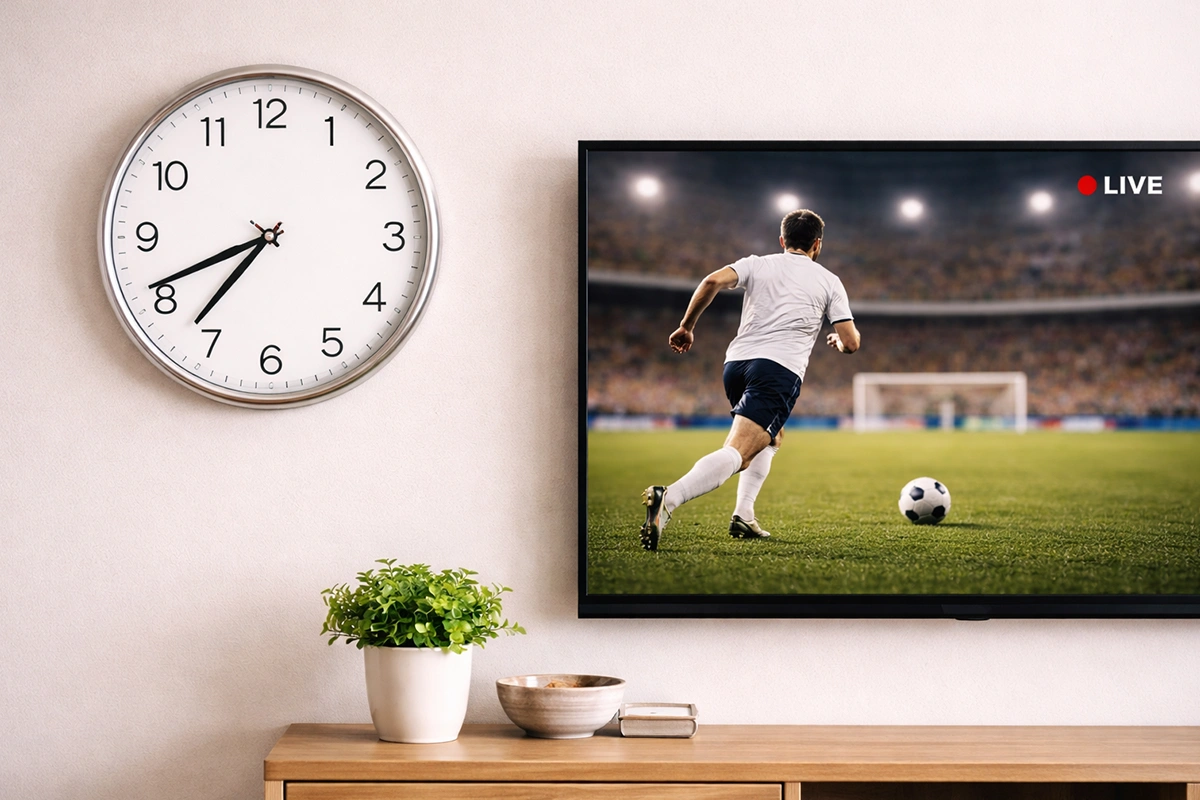 Reloj de pared junto a una pantalla mostrando un partido de fútbol en directo