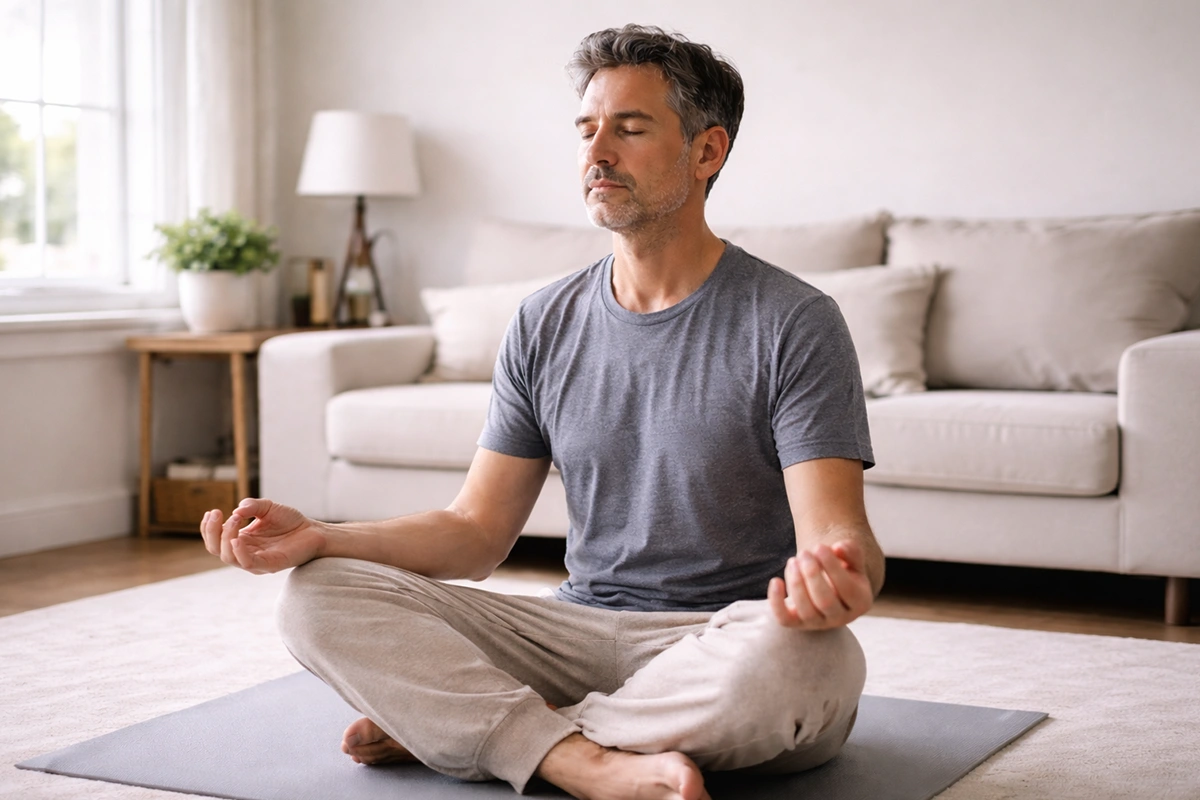 Persona meditando con los ojos cerrados en un ambiente tranquilo y ordenado