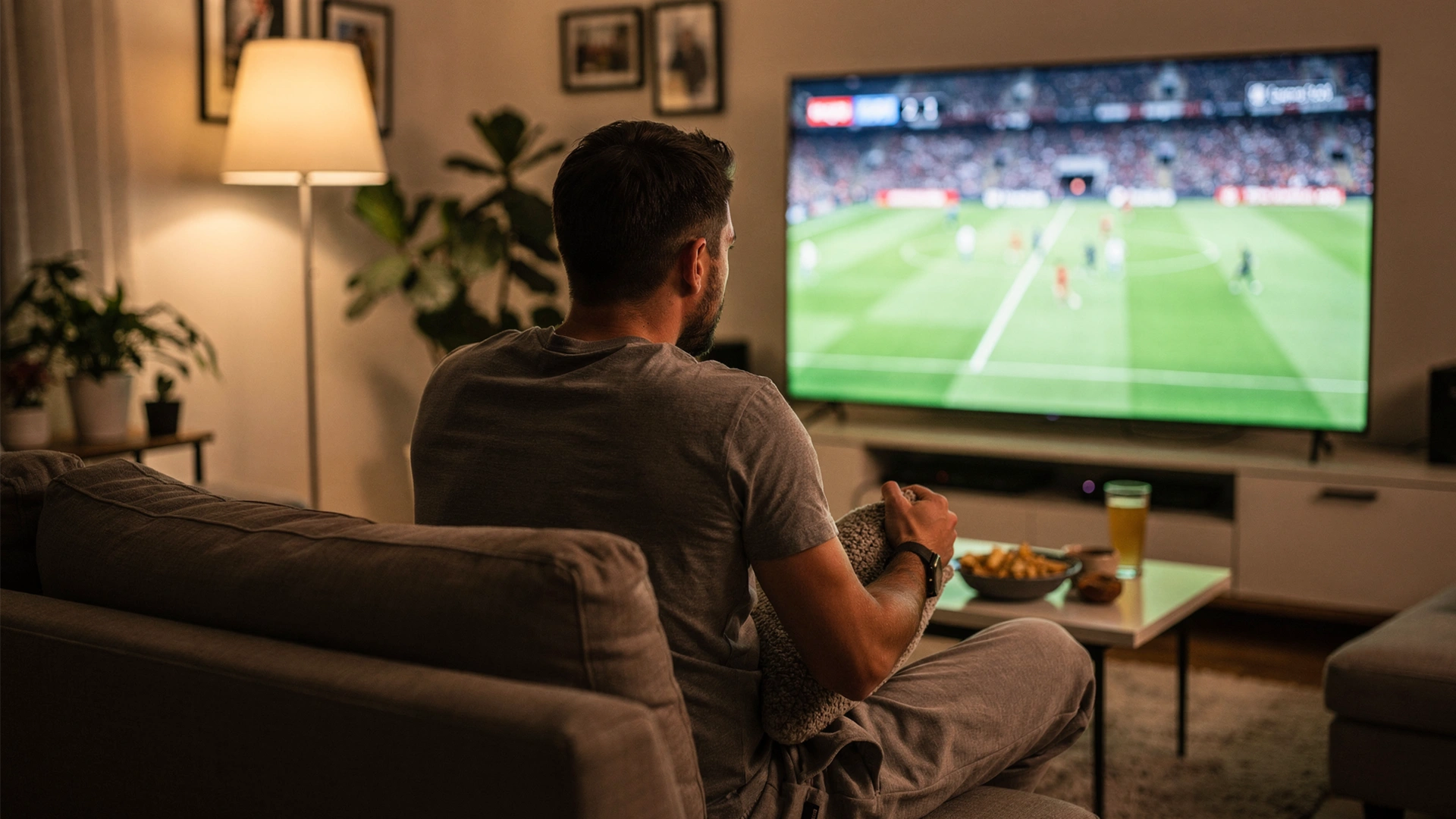 Aficionado viendo un partido de fútbol en televisión con gran emoción
