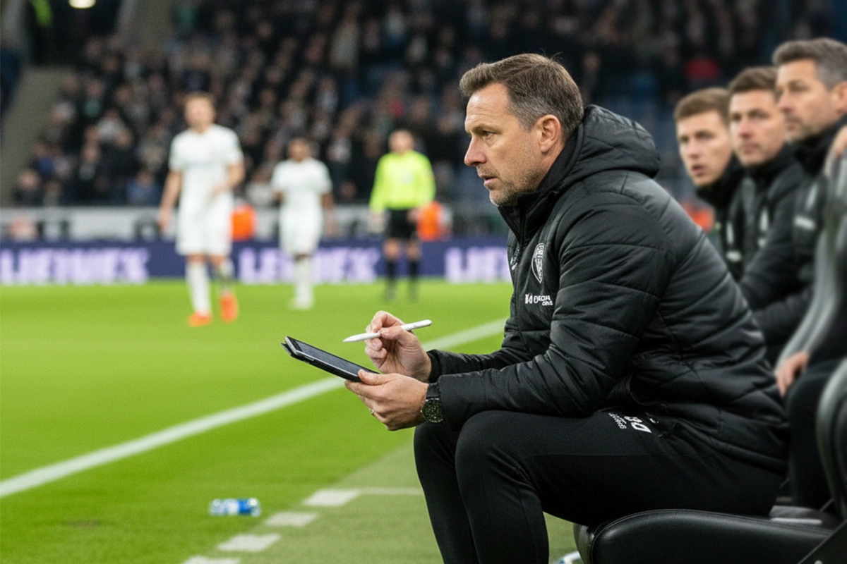 Entrenador de fútbol analizando el juego desde el banquillo con bloc de notas