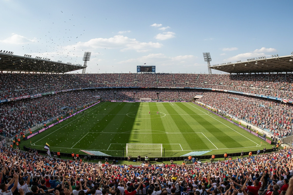 Vista panorámica de un estadio de fútbol durante un partido con el público animando