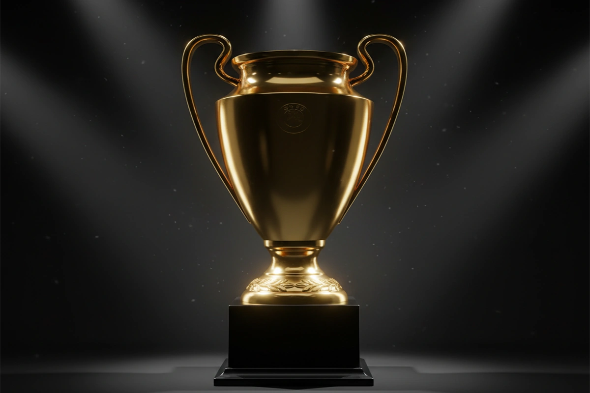 Trofeo dorado de competición europea sobre un pedestal con focos iluminándolo