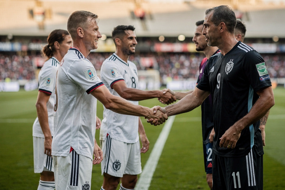Jugadores de selecciones nacionales saludándose antes del inicio de un partido