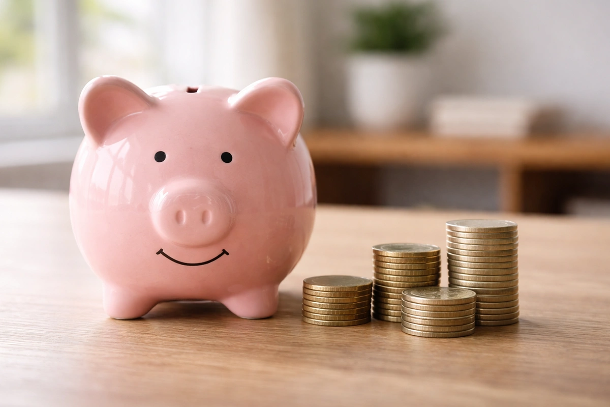 Hucha de cerámica junto a monedas apiladas sobre una mesa de madera