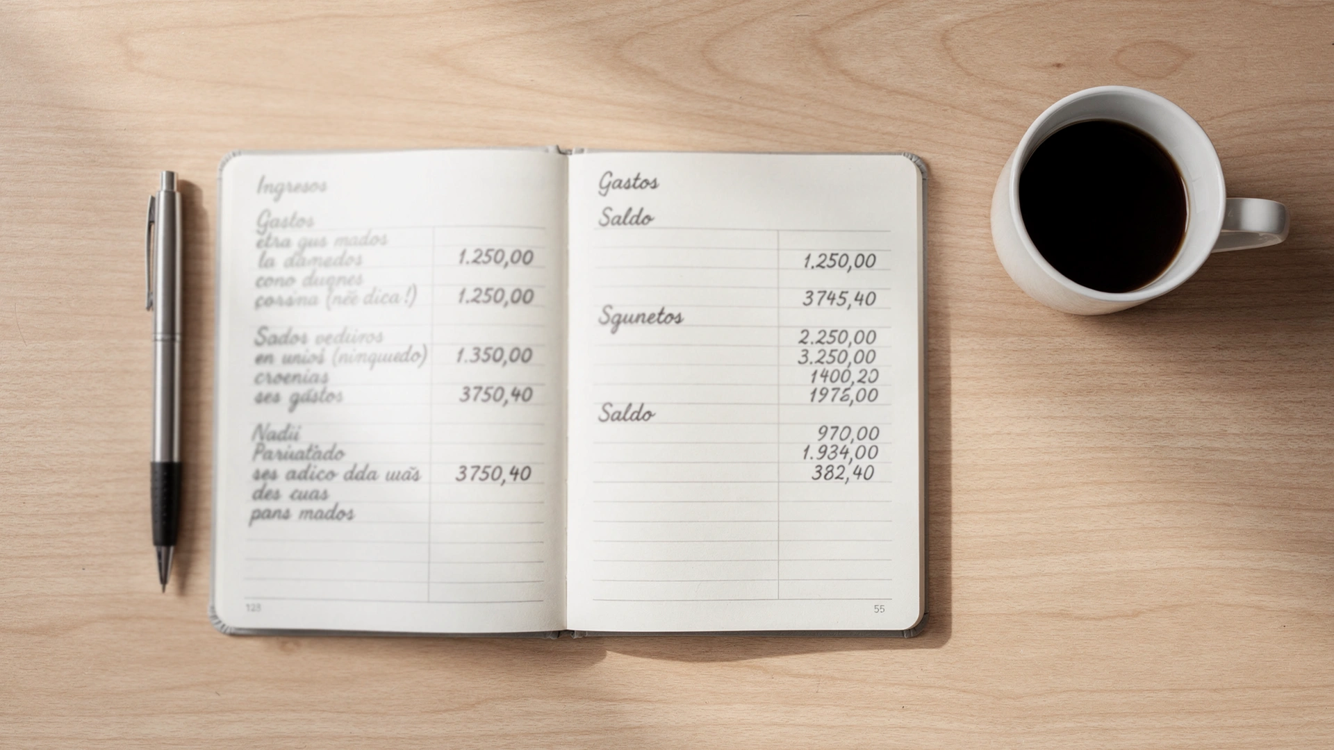 Escritorio ordenado con libreta de cuentas y bolígrafo para gestión financiera