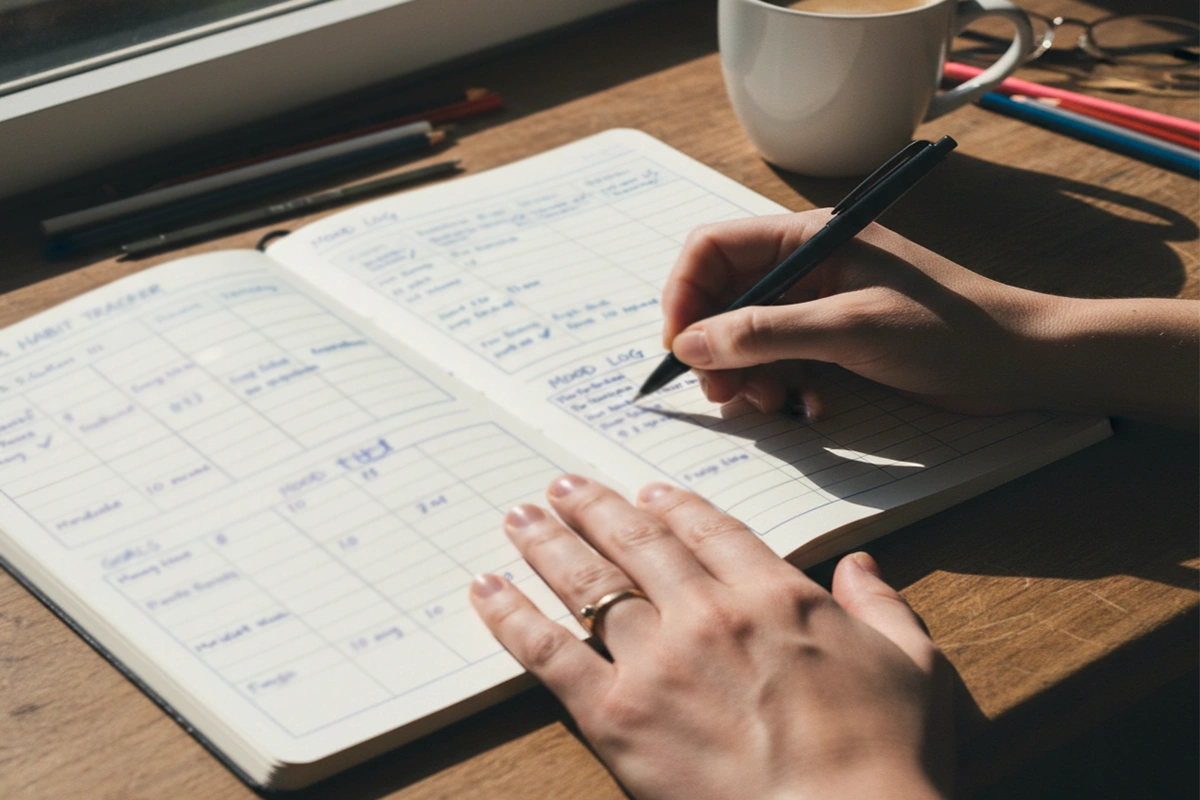Persona escribiendo en un diario de seguimiento con tablas y anotaciones