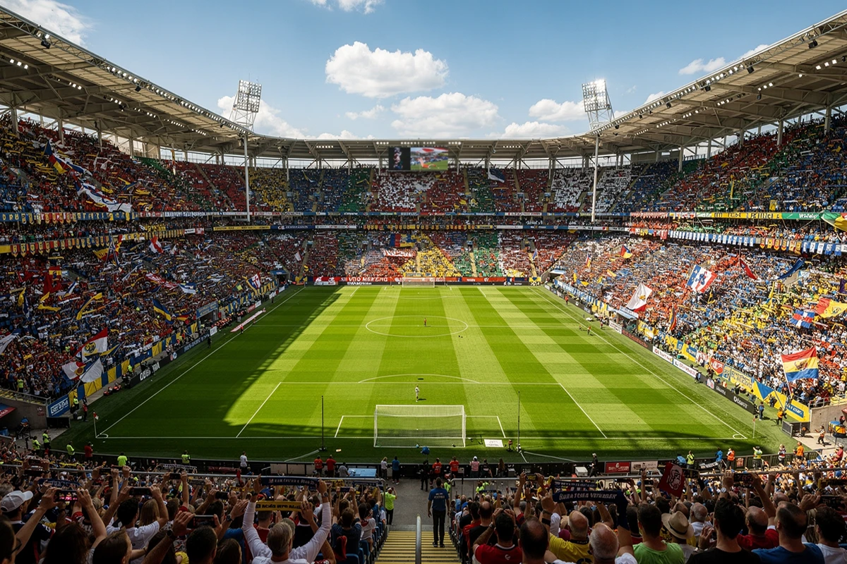 Vista panorámica de un estadio de fútbol europeo lleno de espectadores durante un clásico