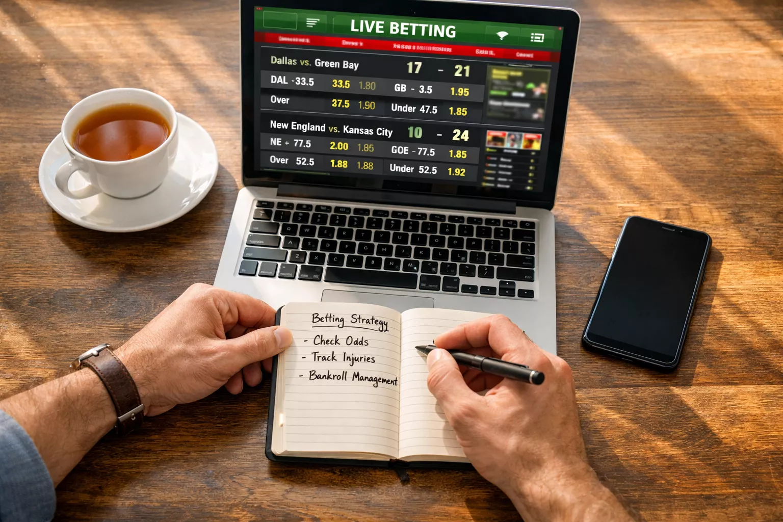 Manos sobre un escritorio con un cuaderno de anotaciones y un portátil mostrando una pantalla de apuestas deportivas