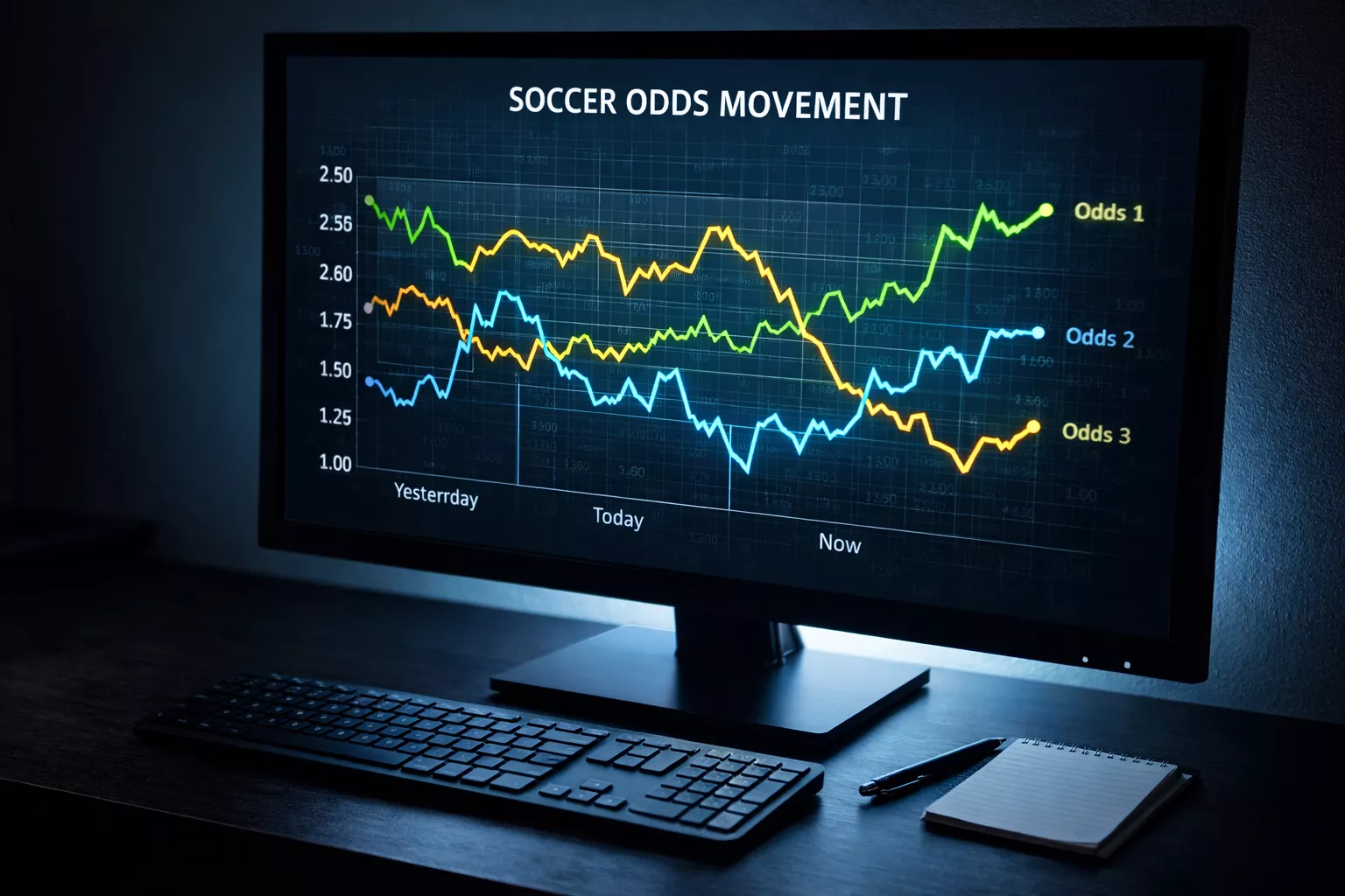 Pantalla mostrando líneas de gráficos ascendentes y descendentes sobre un escritorio con luz azulada de monitor