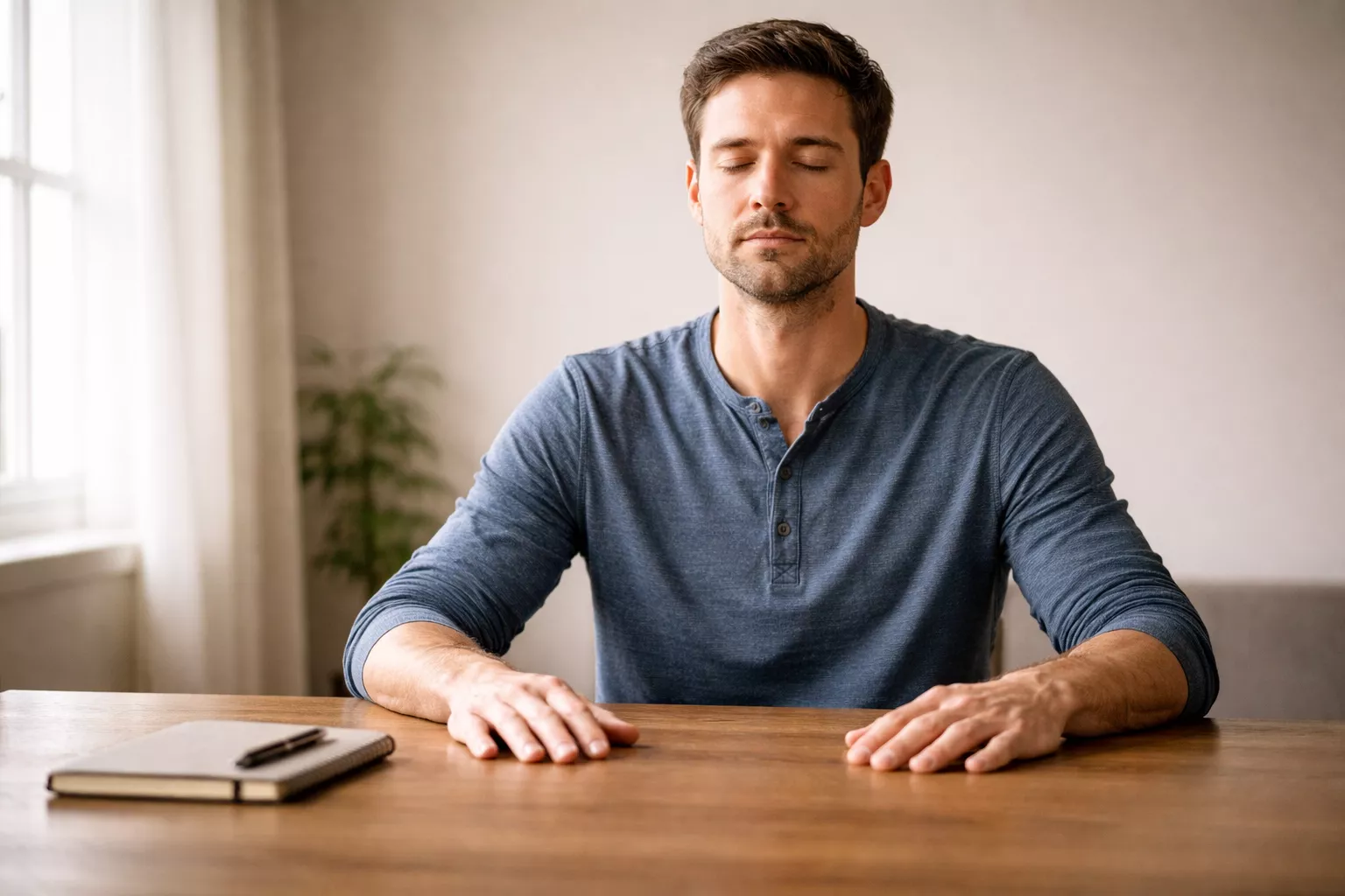 Hombre sentado en silencio con los ojos cerrados y las manos cruzadas sobre la mesa en una habitación con luz suave