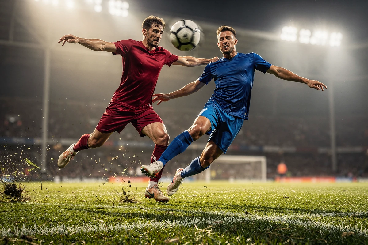 Jugadores de fútbol disputando un balón en un campo de césped natural bajo focos