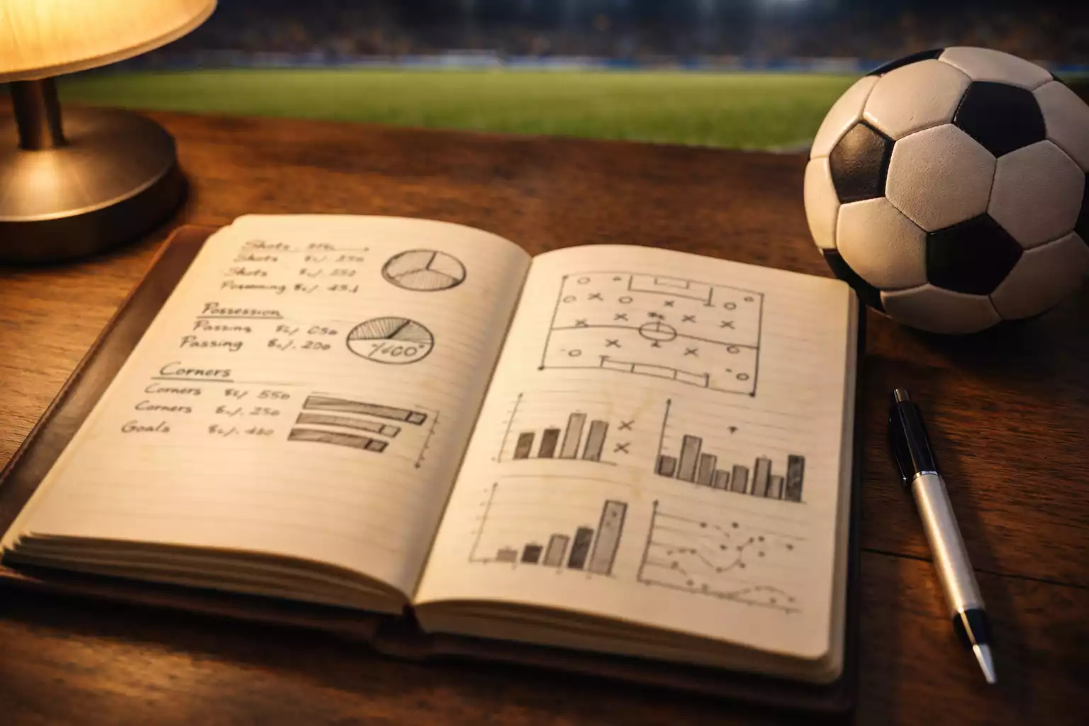 Persona analizando estadísticas de fútbol en un cuaderno con datos de partidos sobre un escritorio ordenado